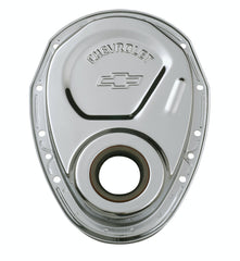 PROFORM 141-215 Timing Chain Cover; Chrome; Steel; With Chevy and Bowtie Logo; SB Chevy 69-91