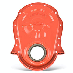 PROFORM 141-220 Engine Timing Chain Cover; Chevy Orange; Steel; Embossed Bowtie Logo; BB Chevy