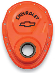 PROFORM 141-783 Timing Chain Cover; Orange; Steel; With Chevy Bowtie Logo; SB Chevy 69-91