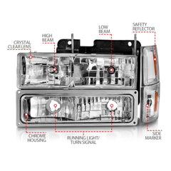 AnzoUSA 111506 Crystal Headlights Chrome Housing with Signal and Side Markers 8Pcs