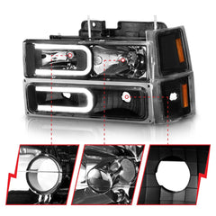AnzoUSA 111528 Crystal Headlights with Light Bar Black Housing with Signal and Side Markers 8pc