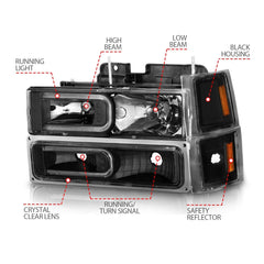 AnzoUSA 111528 Crystal Headlights with Light Bar Black Housing with Signal and Side Markers 8pc