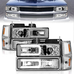 AnzoUSA 111529 Crystal Headlights with Light Bar Chrome Housing with Signal and Side Markers 8pc