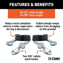 CURT 80136 43-7/8 Safety Cables with 2 Snap Hooks (3,500 lbs, Vinyl-Coated, 2-Pack)