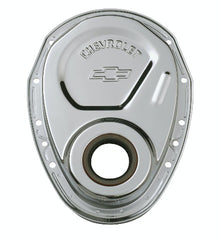 PROFORM 141-215 Timing Chain Cover; Chrome; Steel; With Chevy and Bowtie Logo; SB Chevy 69-91