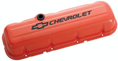 PROFORM 141-787 Engine Valve Covers; Stamped Steel; Tall; Orange; w/ Bowtie Logo; Fits BB Chevy