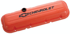 PROFORM 141-789 Engine Valve Covers; Stamped Steel; Short; Orange; w/ Bowtie Logo; Fits BB Chevy
