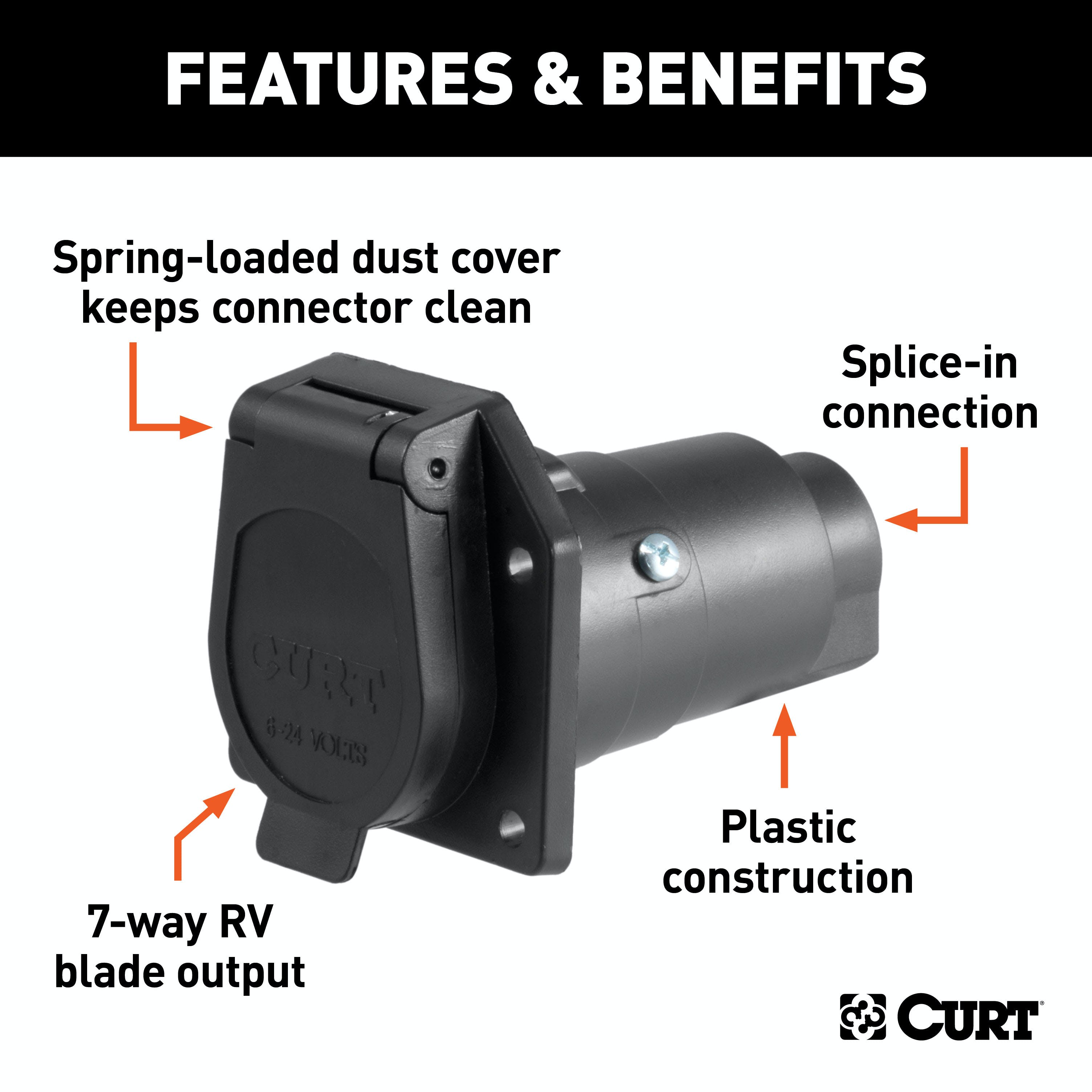 CURT 58150 7-Way RV Blade Connector Socket (Vehicle Side, Black Plastic)