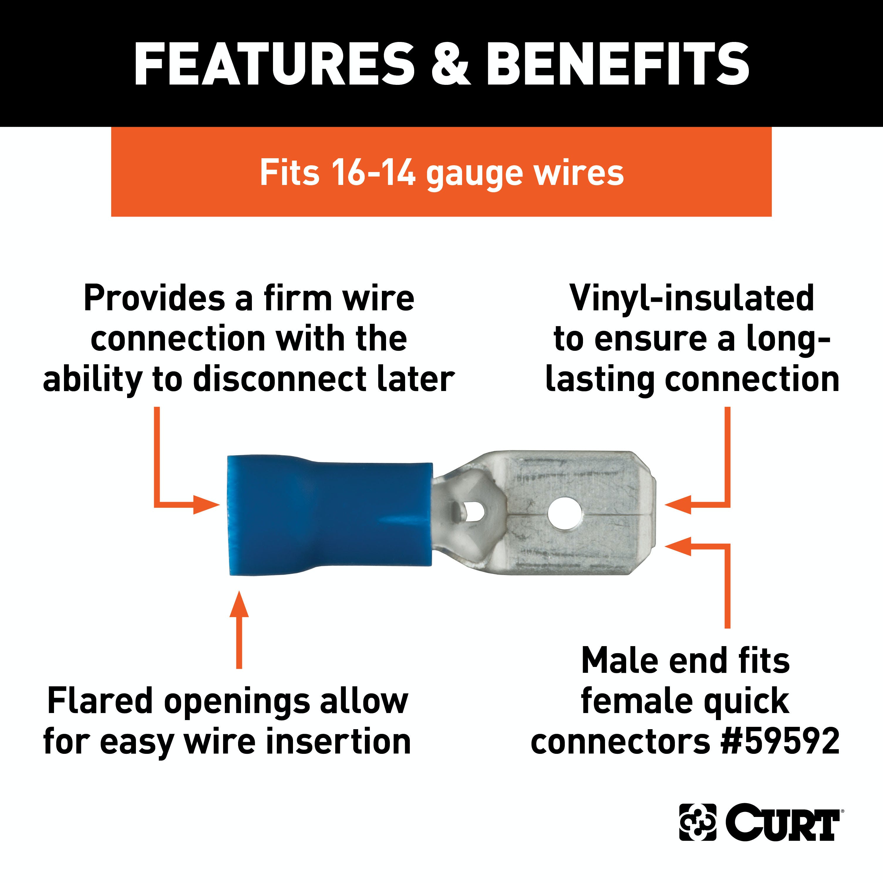 CURT 59432 Male Quick Connectors (16-14 Wire Gauge, 100-Pack)