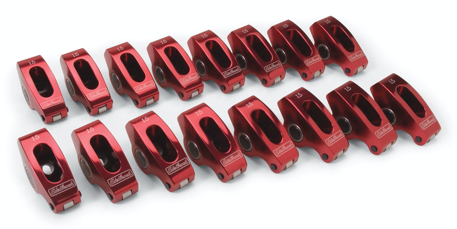 Edelbrock 77770 Red Roller Rockers for Small-Block Chevy 3/8 stud 1.5:1 Ratio (Qty 16)