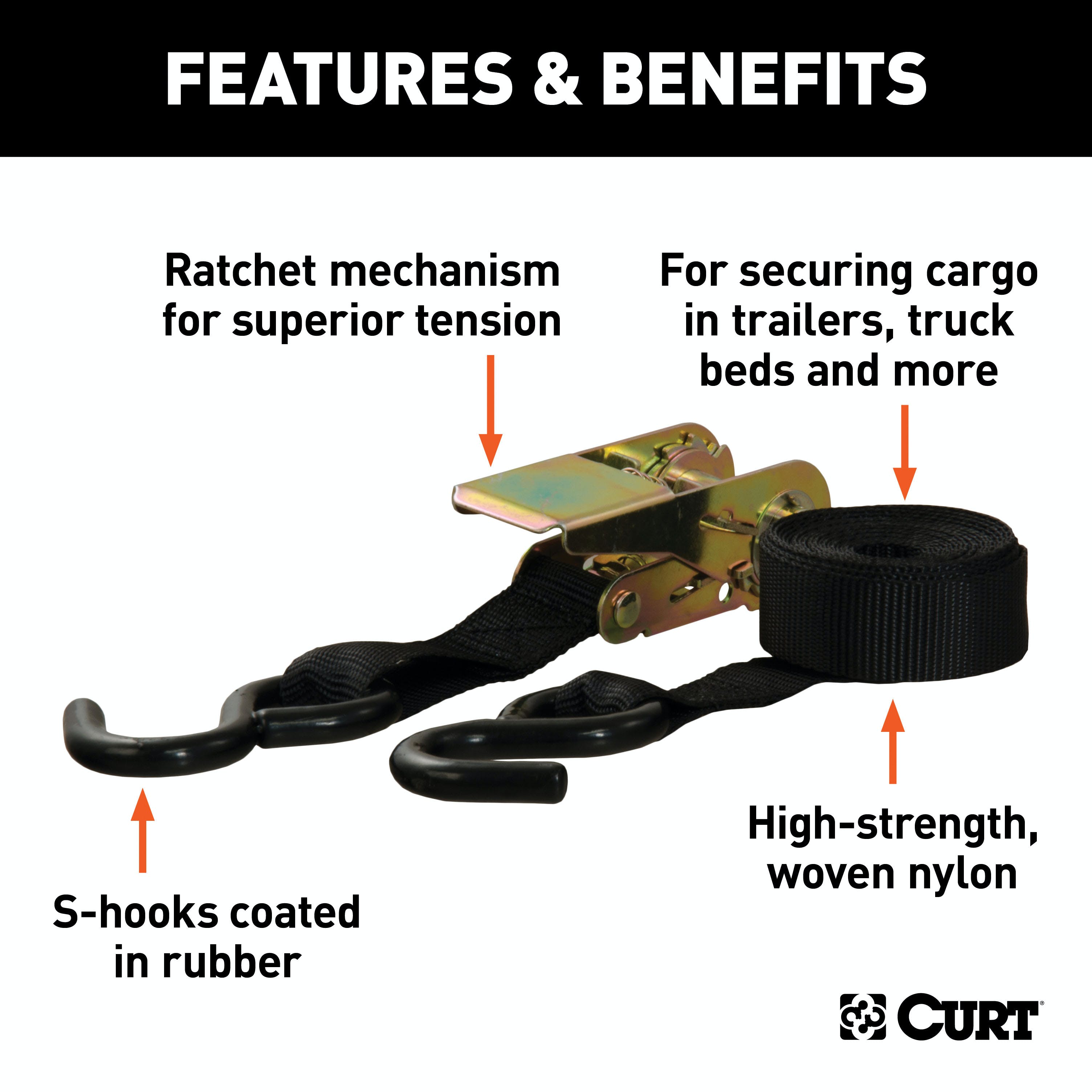CURT 83010 16' Black Cargo Straps with S-Hooks (500 lbs, 4-Pack)