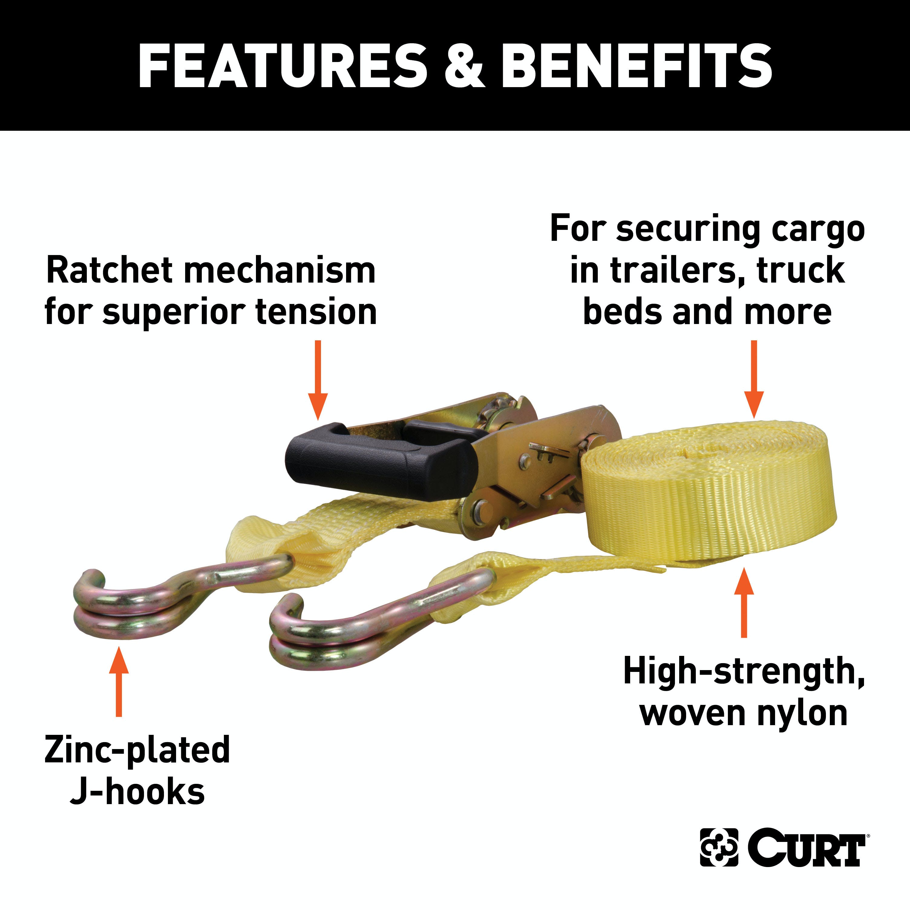CURT 83036 14' Yellow Cargo Strap with J-Hooks (1,667 lbs.)