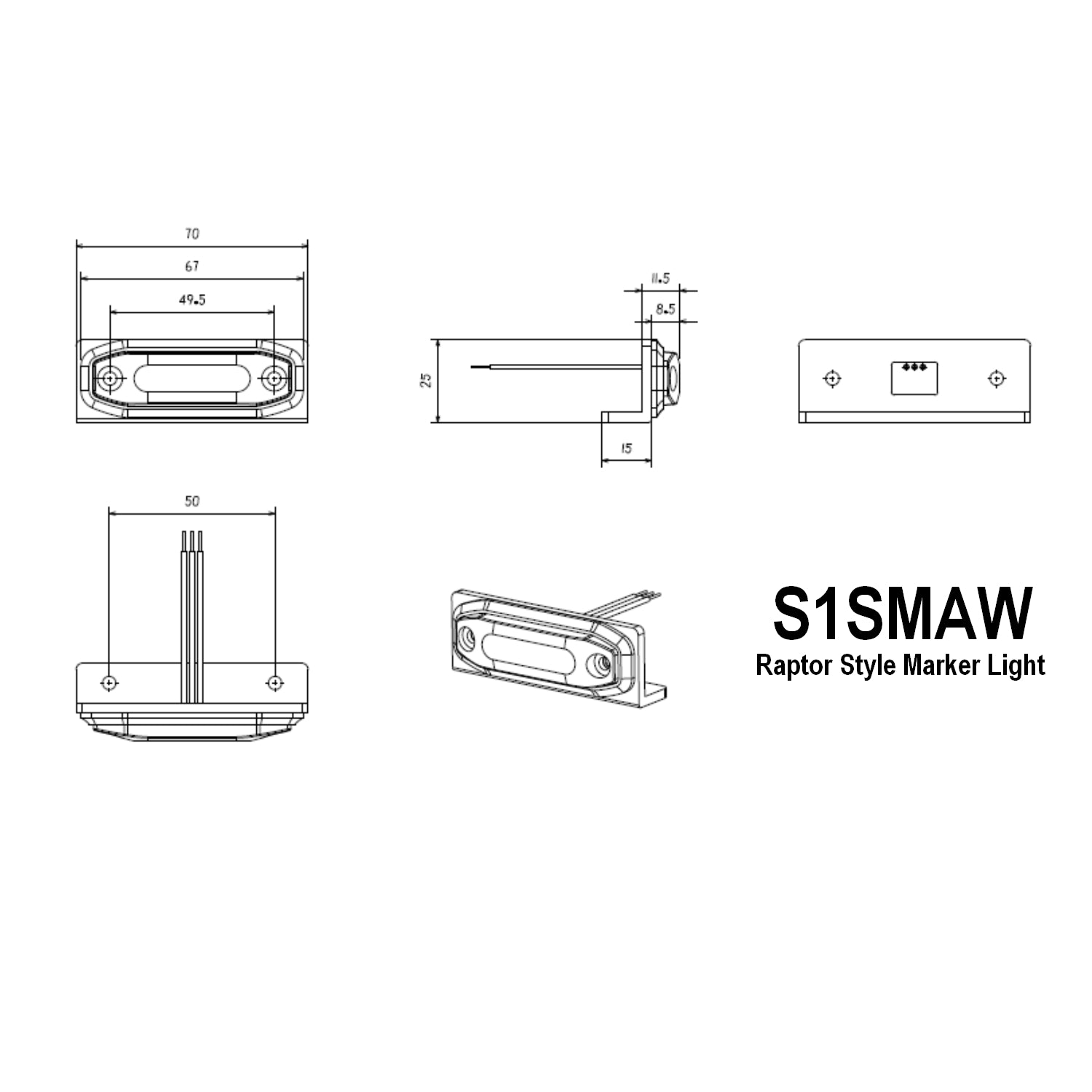 BrightSource Amber / White Raptor Style LED Marker Light - Pro Pack (3) S1SMAW3