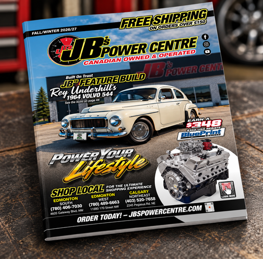JB’s Power Centre Fall / Winter 2026/27 catalog cover featuring Reg Underhill’s 1964 Volvo 544