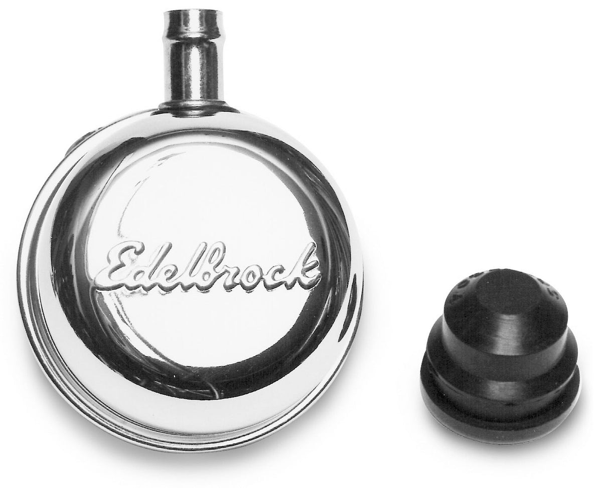 Edelbrock 4410 Signature Series Chrome Round push-in Breather with 90DEG vent Nipple