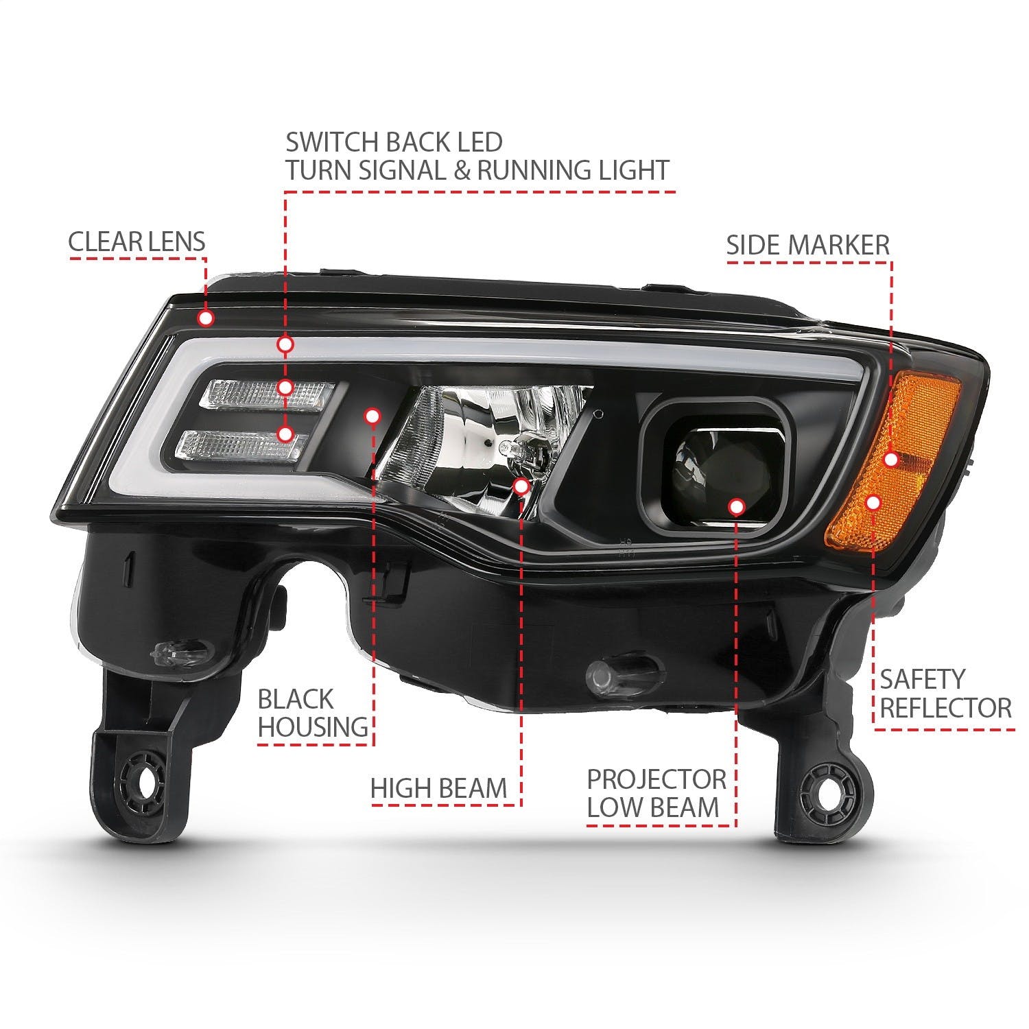 AnzoUSA 111419 Projector Headlights with Plank Style Switchback Chrome with Amber