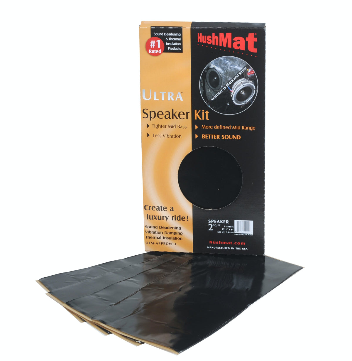 Hushmat 10110 Speaker Kit has 2 black sheets of 10x10 in Ultra. Total 1.4 sqft.