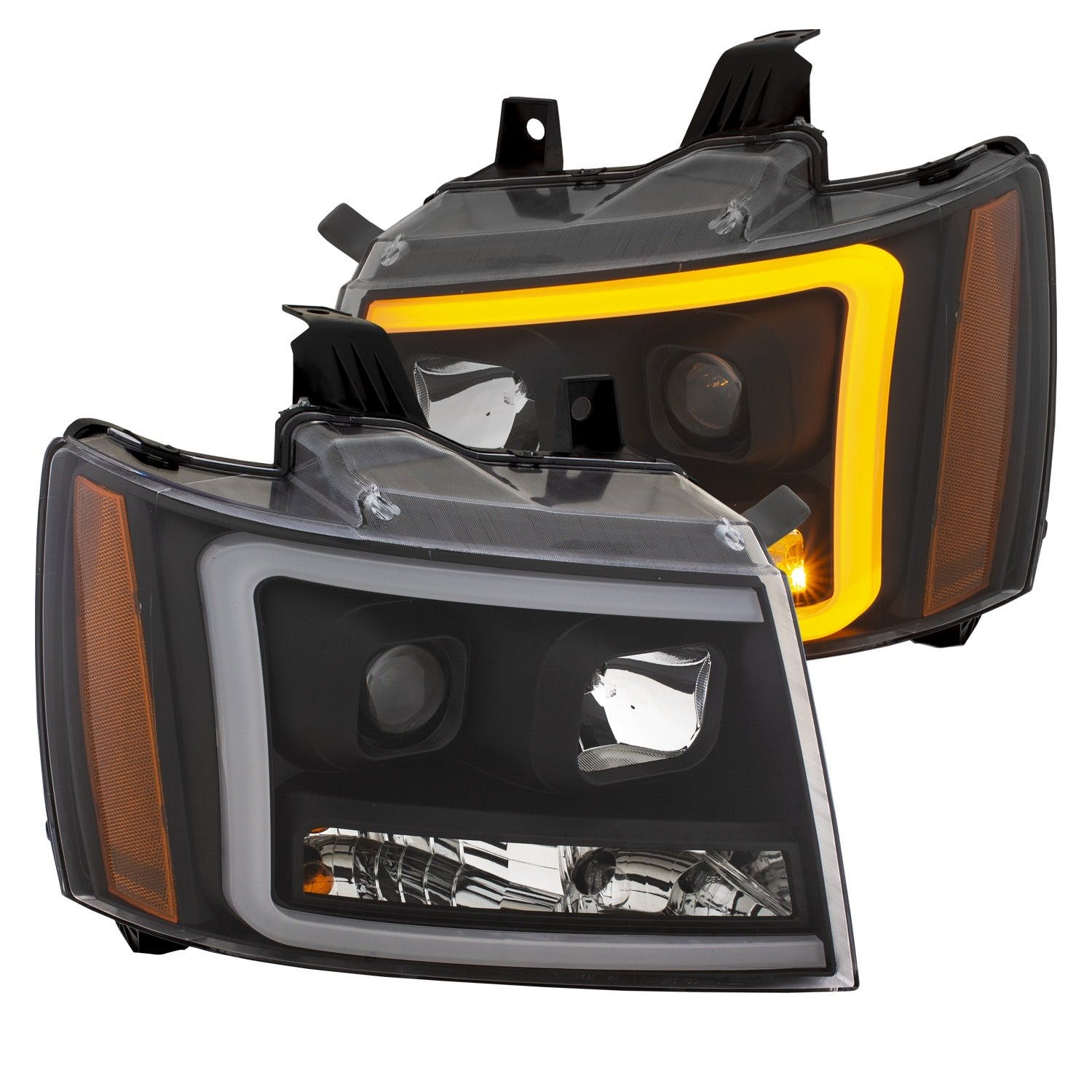 AnzoUSA 111402 Projector Headlights with Plank Style Switchback Black with Amber