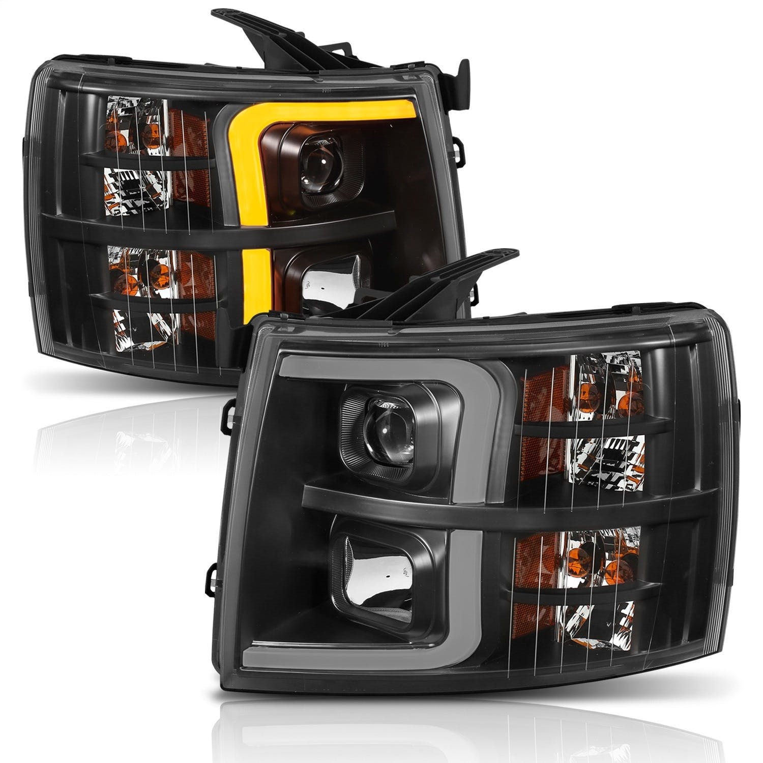 AnzoUSA 111410 Projector Headlights with Plank Style Switchback Black with Amber