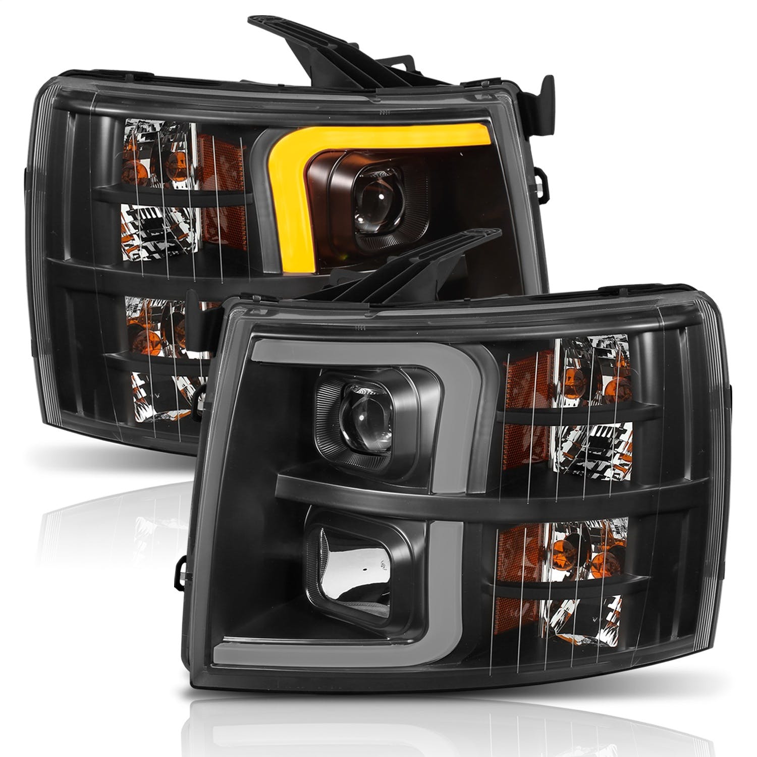 AnzoUSA 111410 Projector Headlights with Plank Style Switchback Black with Amber