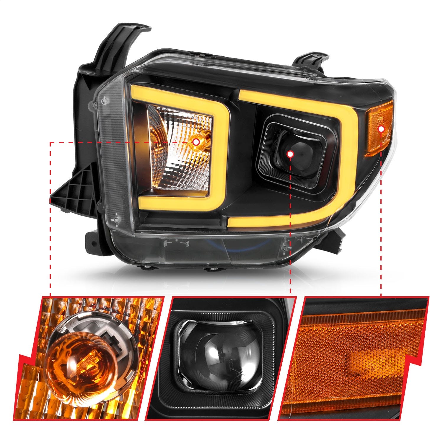 AnzoUSA 111414 Projector Headlights with Plank Style Switchback Black with Amber