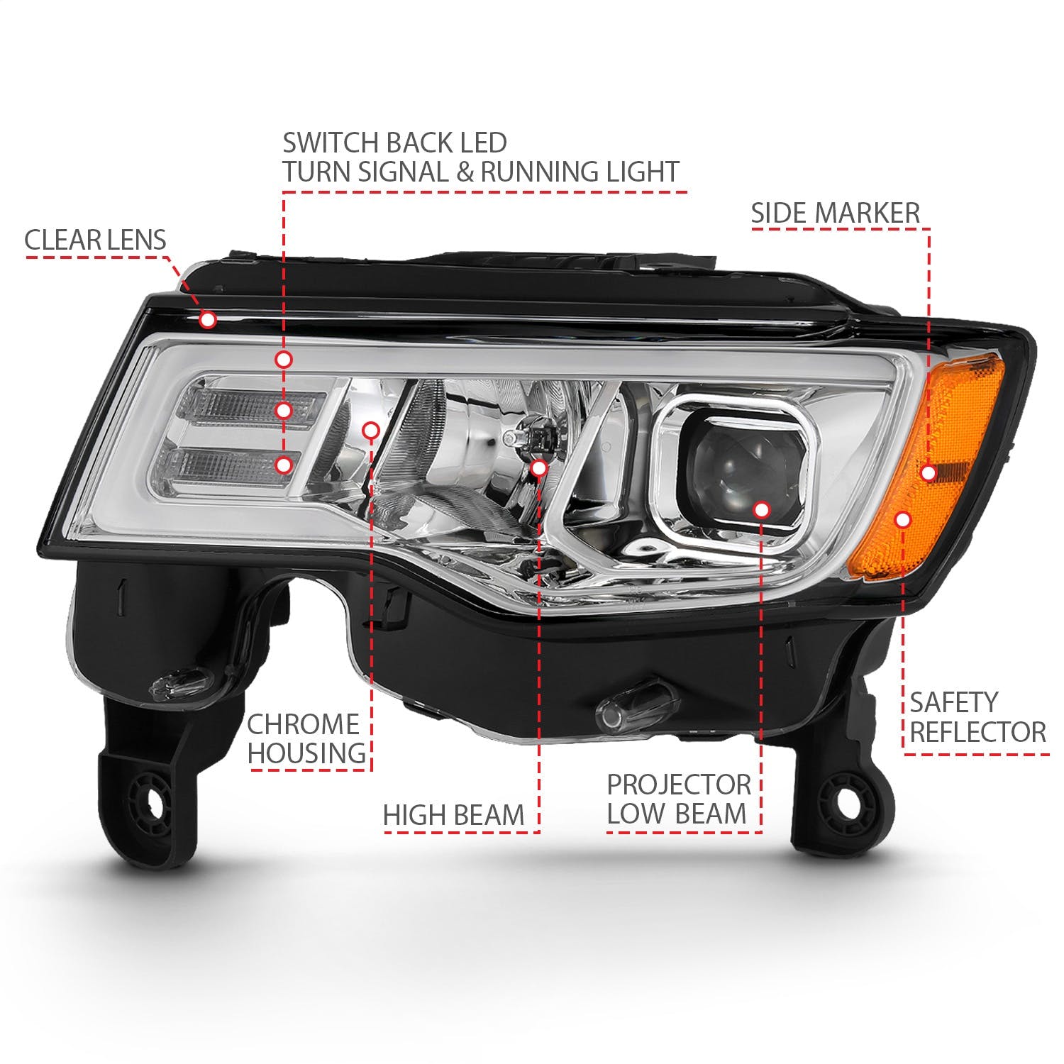 AnzoUSA 111419 Projector Headlights with Plank Style Switchback Chrome with Amber