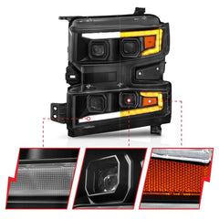 AnzoUSA 111566-L CHEVY SILVERADO 1500 19-22 FULL LED PROJECTOR PLANK STYLE HEADLIGHTS SEQUENTIAL SIGNAL BLACK W/ INITIATION FEATURE LEFT SIDE ONLY FOR HALOGEN MODELS ONLY