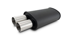 Vibrant Performance - 12320- STREETPOWER FLAT BLACK Oval Muffler with Dual 304SS Brushed Tips; Inlet ID: 2.50 in (63.5mm) Tip OD: 3.00 in (76.2mm); Muffler Body Size: 9 inW x 5 inH x 15 inL; Tip Location: Center of End Cap
