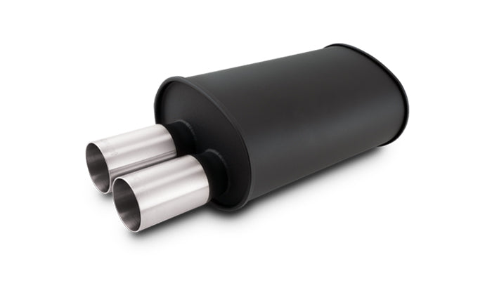 Vibrant Performance - 12326- STREETPOWER FLAT BLACK Oval Muffler with Dual 304SS Brushed Tips; Inlet ID: 3.00 in (76.2mm) Tip OD: 3.00 in (76.2mm); Muffler Body Size: 9.5 inW x 6.75 inH x 15 inL; Tip Location: Offset Bottom