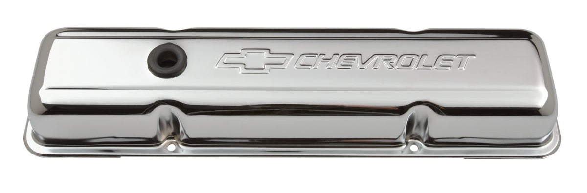 PROFORM 141-102 Engine Valve Covers; Stamped Steel; Short; Chrome; w/ Bowtie Logo; Fits SB Chevy