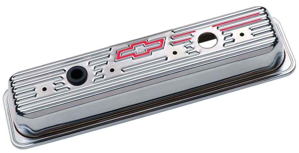 PROFORM 141-105 Engine Valve Covers; Center Bolt Style; Steel; Chrome w/Bowtie Logo; SB Chevy