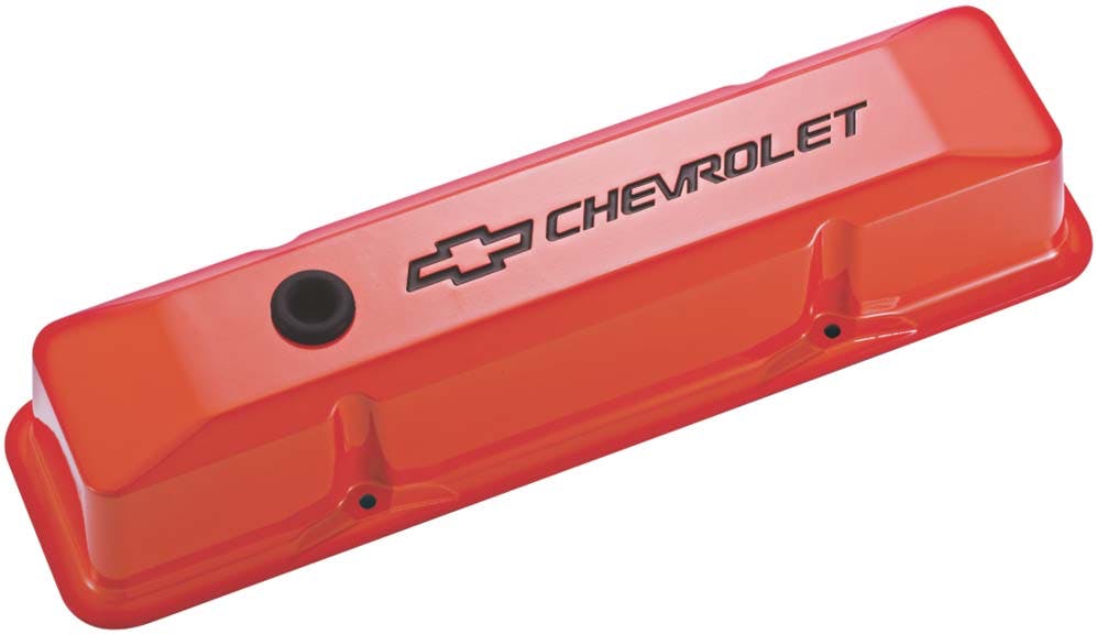 PROFORM 141-118 Engine Valve Covers; Tall Style; Die Cast; Orange w Blk Bowtie Logo; SB Chevy