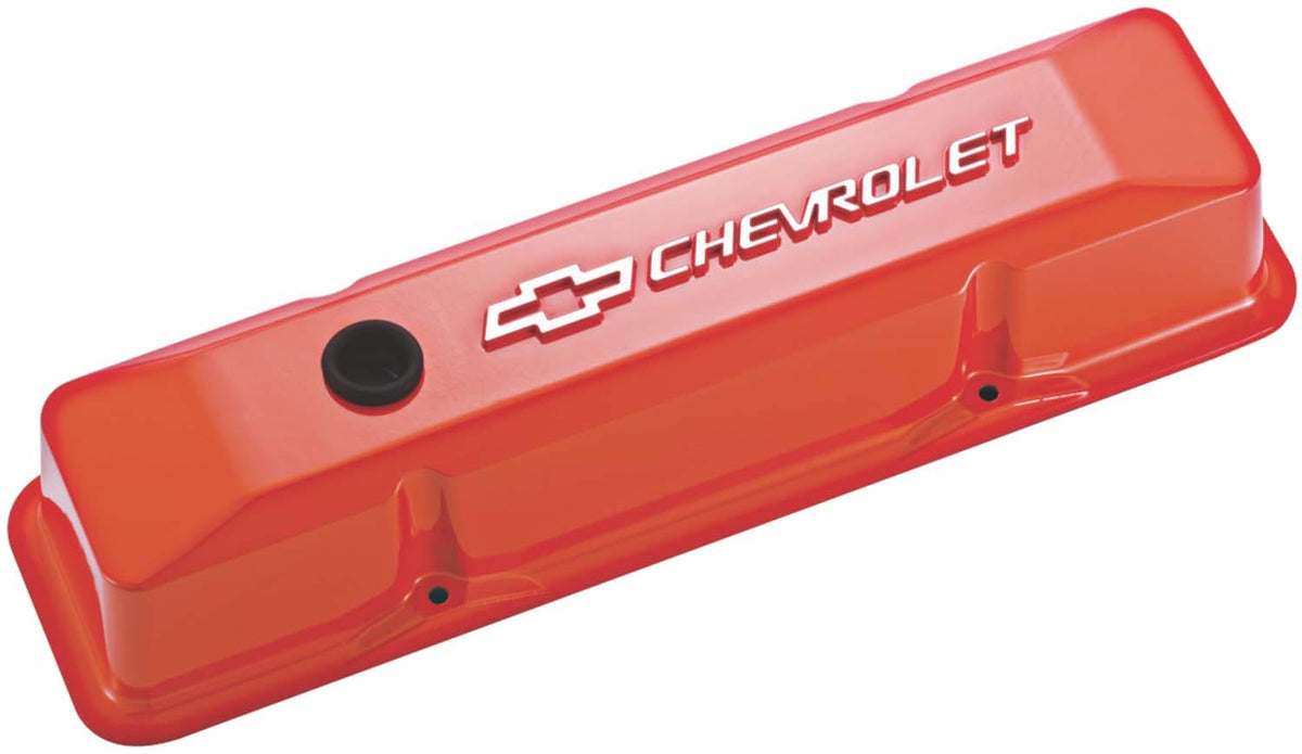 PROFORM 141-120 Engine Valve Covers; Tall Style; Die Cast; Orange w Milled Bowtie Logo; SB Chevy