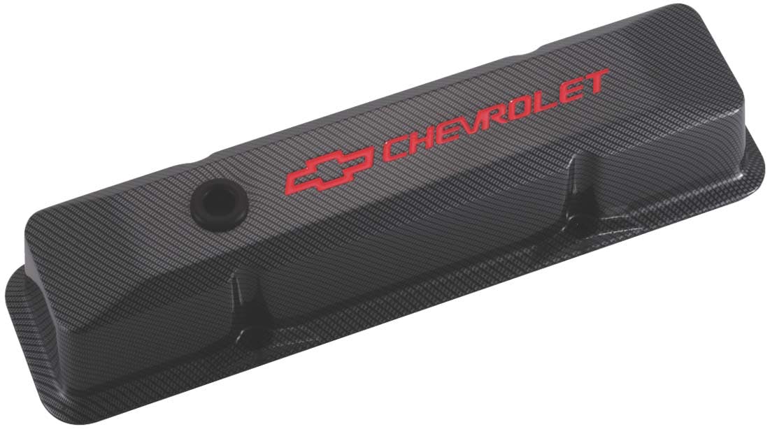 PROFORM 141-121 Engine Valve Covers; Tall Style; Die Cast; Carbon-Style w Red Bowtie Logo; SBC