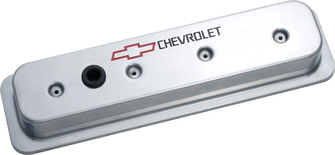 PROFORM 141-130 Engine Valve Covers; Center Bolt Style; Die Cast; Polish w/Bowtie Logo; SB Chevy