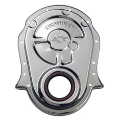 PROFORM 141-216 Engine Timing Chain Cover; Chrome; Steel; w/ Chevy and Bowtie Logo; For BB Chevy