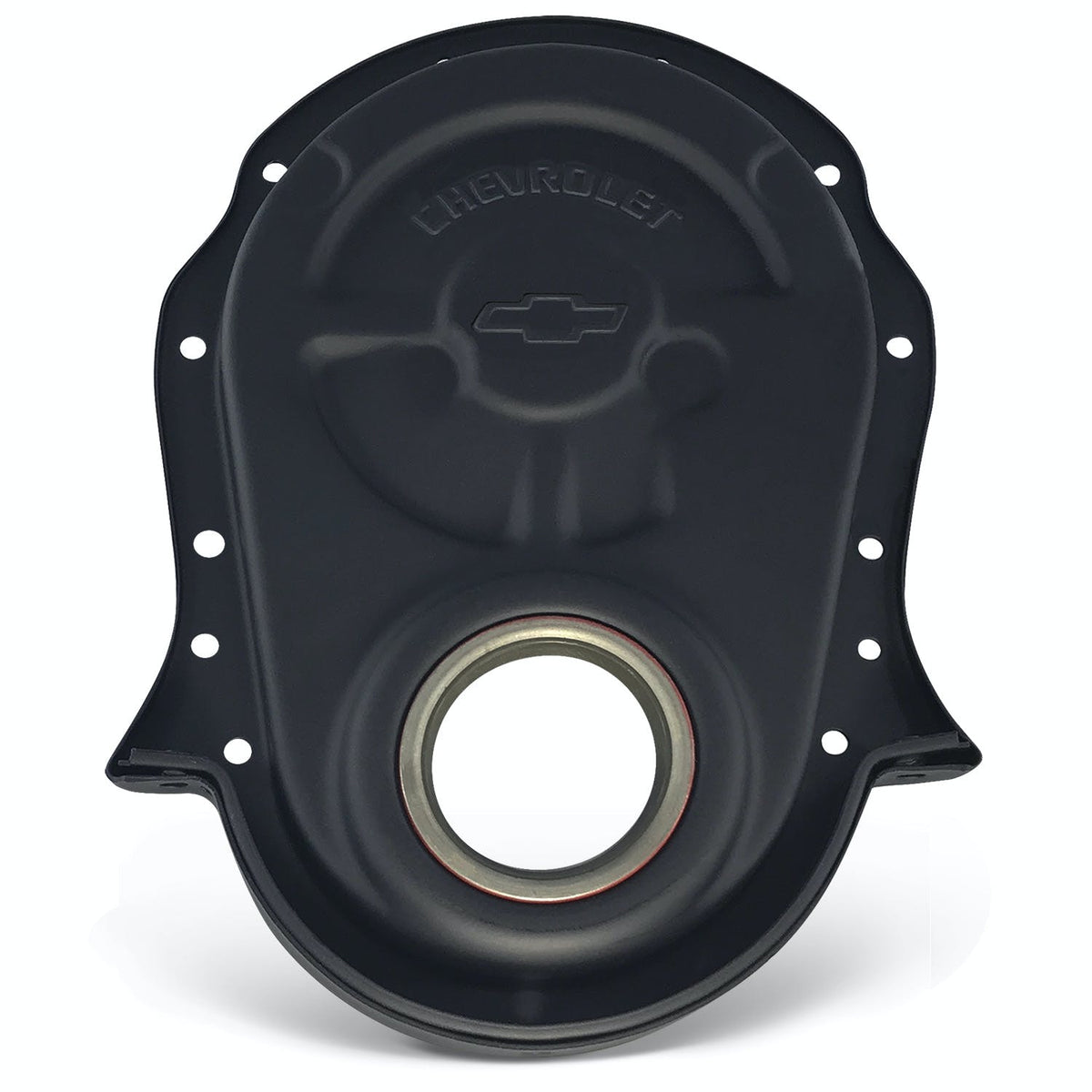 PROFORM 141-219 Engine Timing Chain Cover; Black Crinkle; Steel; Chevy/Bowtie Logo; BB Chevy