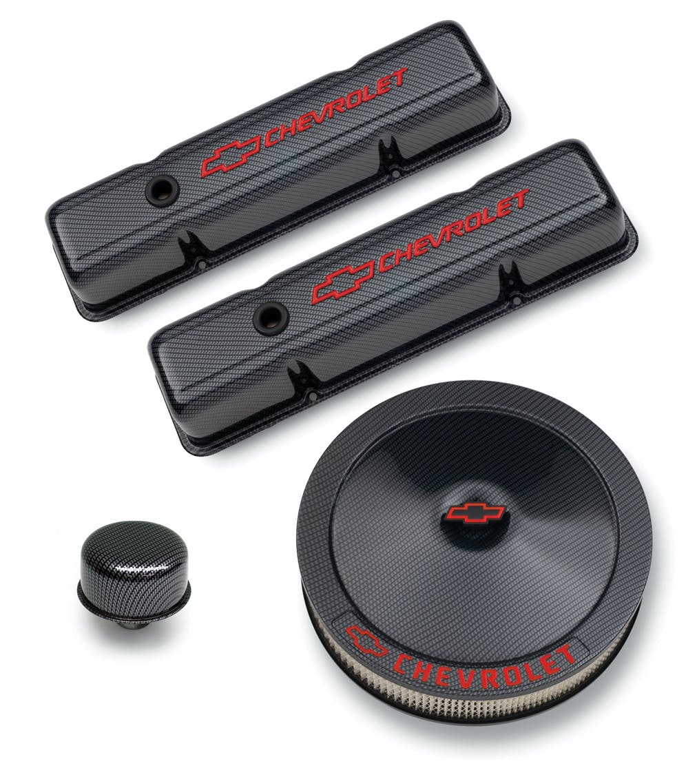 PROFORM 141-710 Engine Dress-Up Kit Black Carbon Finish; Red Bowtie Red Letters For SB Chevy