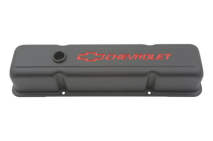 PROFORM 141-751 Engine Valve Covers; Stamped Steel; Tall; Black; w/ Bowtie Logo; Fits SB Chevy