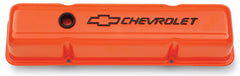 PROFORM 141-784 Engine Valve Covers; Stamped Steel; Tall; Orange w/ Bowtie Logo; Fits SB Chevy