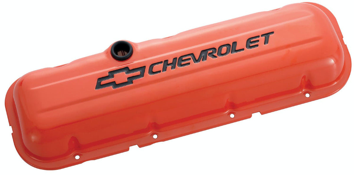 PROFORM 141-789 Engine Valve Covers; Stamped Steel; Short; Orange; w/ Bowtie Logo; Fits BB Chevy