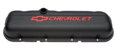 PROFORM 141-810 Engine Valve Covers; Stamped Steel; Short; Black; w/ Bowtie Logo; Fits BB Chevy