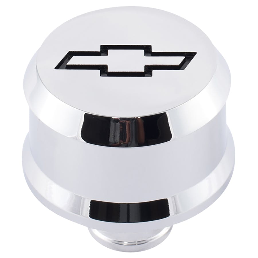 PROFORM 141-852 Slant-Edge Aluminum Breather Cap; Recessed Black Bowtie Emblem; Push-In; Chrome