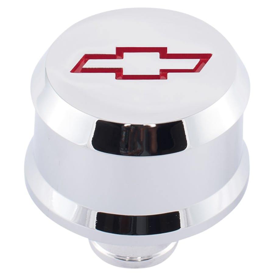 PROFORM 141-853 Slant-Edge Aluminum Breather Cap; Recessed Red Bowtie Emblem; Push-In; Chrome