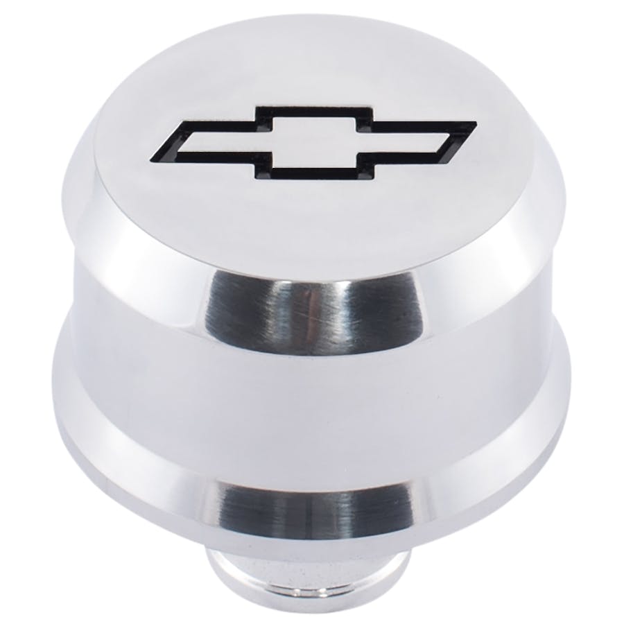 PROFORM 141-854 Slant-Edge Aluminum Breather Cap; Recessed Blk Bowtie Emblem; Push-In; Polished