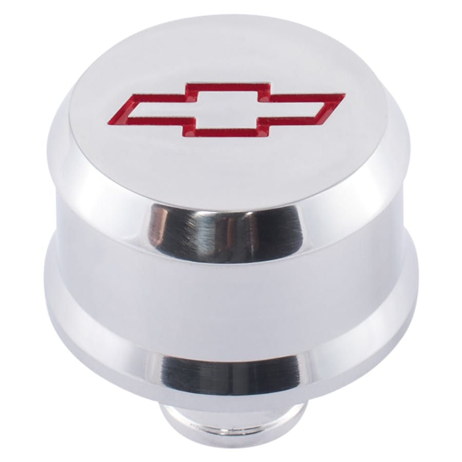 PROFORM 141-855 Slant-Edge Aluminum Breather Cap; Recessed Red Bowtie Emblem; Push-In; Polished