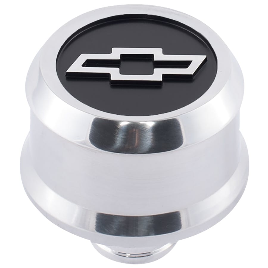 PROFORM 141-857 Slant-Edge Aluminum Breather Cap; Blackfield Bowtie Emblem; Push-In; Polished