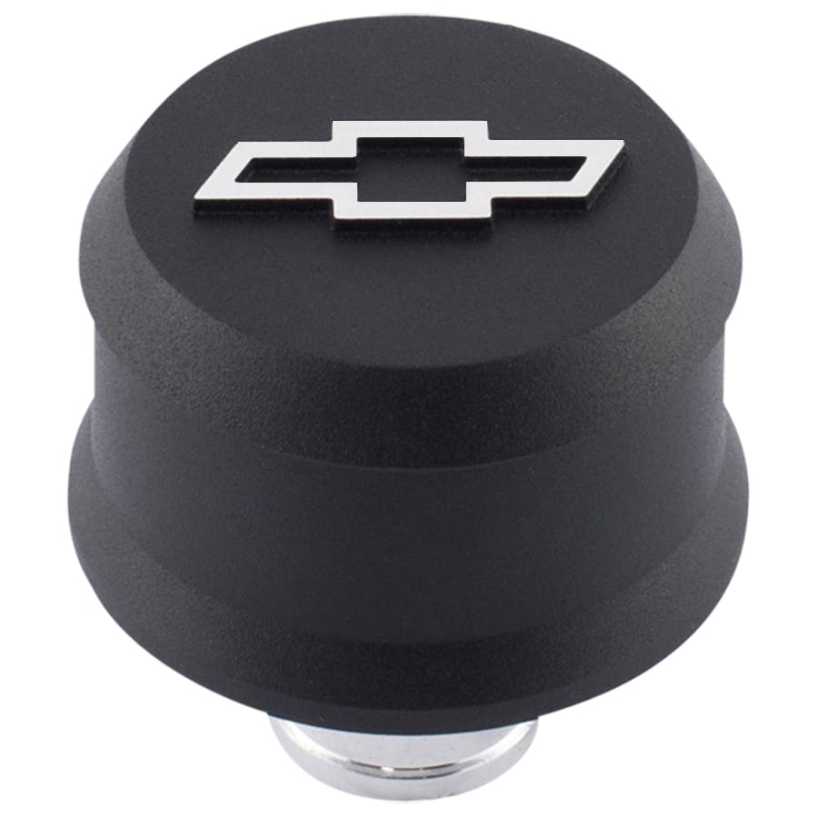 PROFORM 141-858 Slant-Edge Aluminum Breather Cap; Raised Bowtie Emblem; Push-In; Black Crinkle