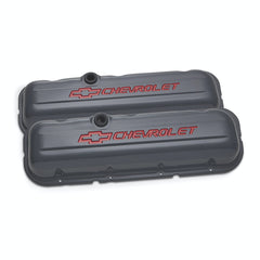 PROFORM 141-889 Engine Valve Covers; Stamped Steel; Stock; Shark Gray; w/ Bowtie Logo; BB Chevy