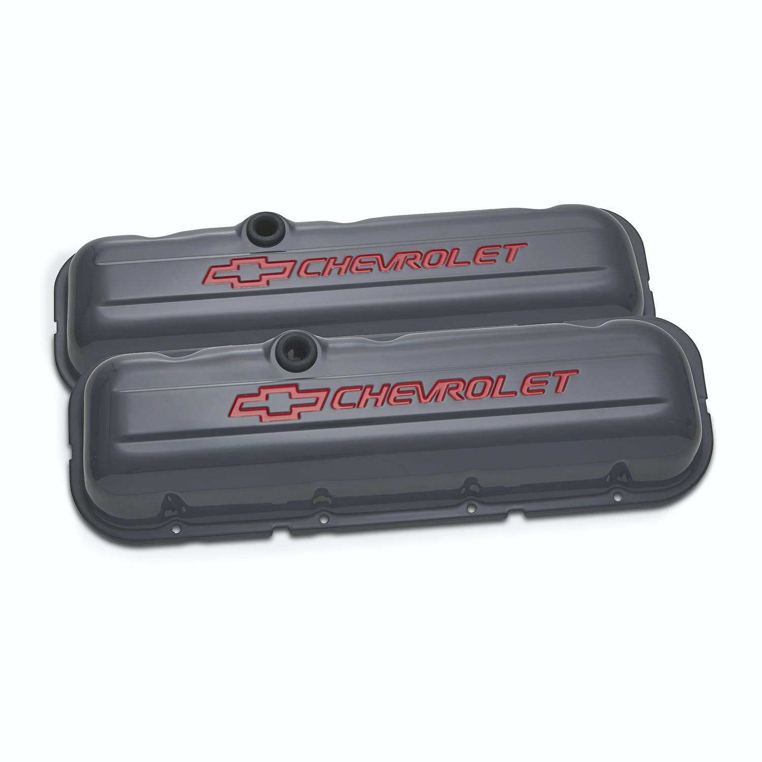 PROFORM 141-888 Engine Valve Covers; Stamped Steel; Tall; Shark Gray; w/ Bowtie Logo; BB Chevy